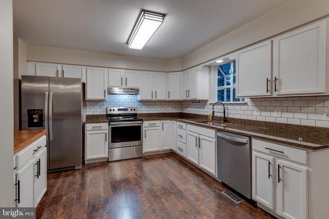 1451 Apple, Saint Leonard, MD 20685 - kitchen with stainless steel appliances, a sink, under cabinet range hood, dark wood-style flooring, and tasteful backsplash