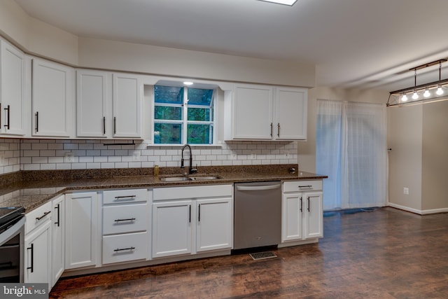 1451 Apple, Saint Leonard, MD 20685 - kitchen with dishwasher, a sink, decorative backsplash, white cabinetry, and dark wood-style floors