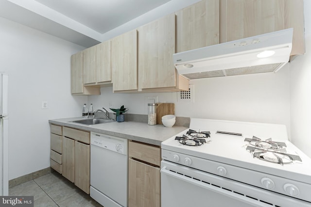 4000 Tunlaw Rd NW Unit 603, Washington, DC 20007 - kitchen featuring light brown cabinets, white appliances, a sink, under cabinet range hood, and light countertops