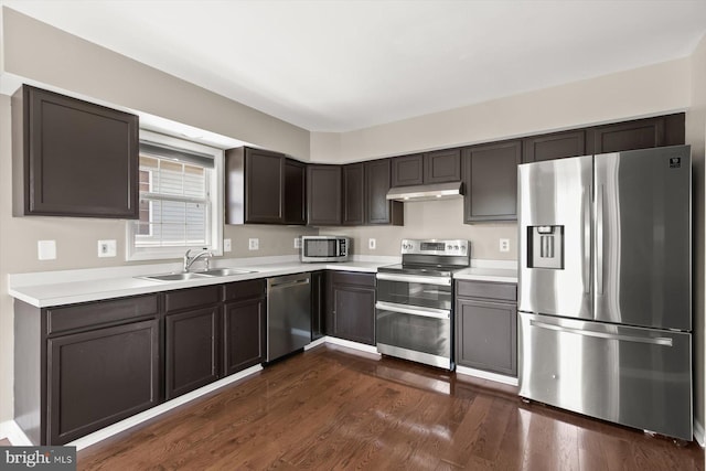 kitchen with stainless steel appliances, a sink, under cabinet range hood, and light countertops