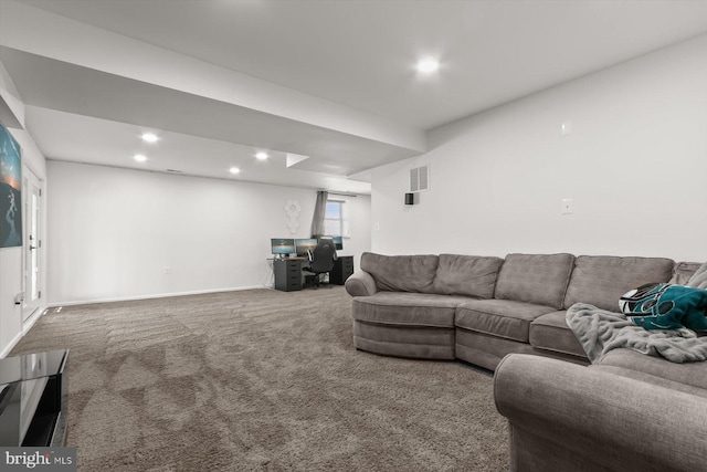 living area with carpet flooring, a desk, recessed lighting, and baseboards