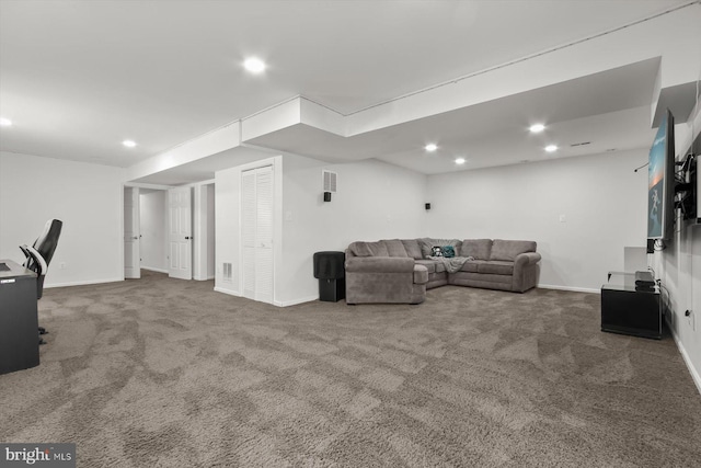 carpeted living area featuring baseboards, recessed lighting, and an office area