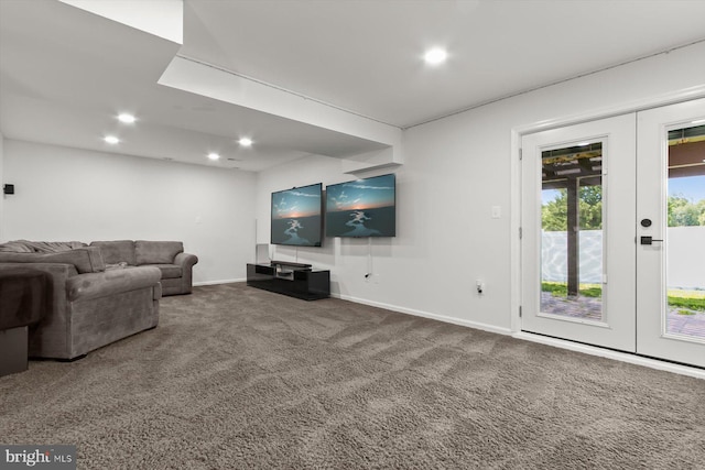 carpeted living room featuring french doors, recessed lighting, and baseboards
