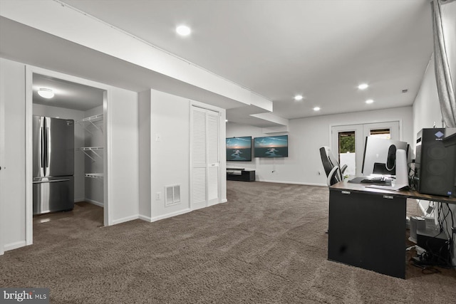 carpeted office featuring baseboards and recessed lighting