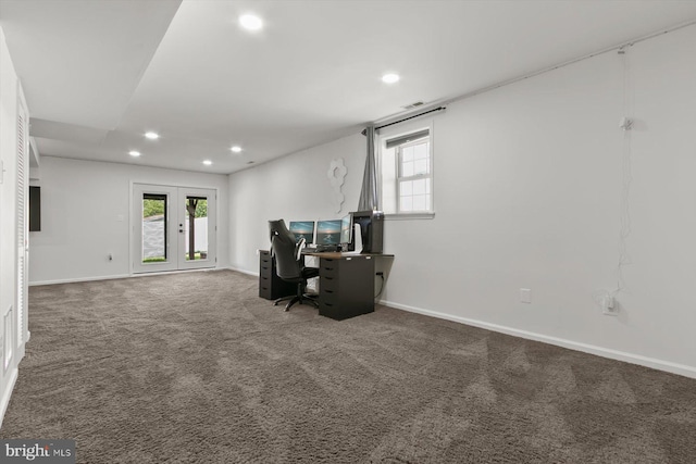 home office featuring recessed lighting, carpet flooring, french doors, and baseboards