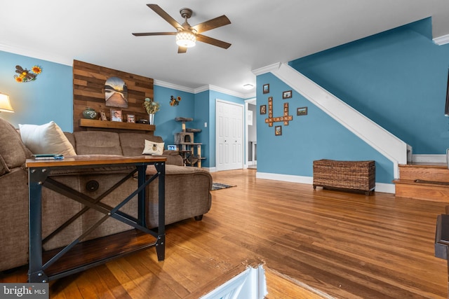 12413 Barbary Rd, Philadelphia, PA 19154 - living area featuring ornamental molding, ceiling fan, wood finished floors, and baseboards