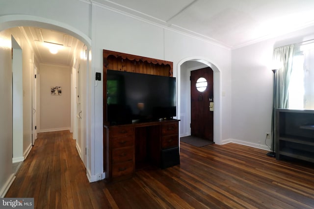 250 E Main St, Millheim, PA 16854 - unfurnished living room with dark wood-type flooring, ornamental molding, baseboards, and attic access