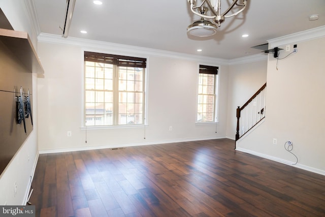42624 Lisburn Chase Ter, Chantilly, VA 20152 - unfurnished living room with a chandelier, dark wood-style floors, stairs, ornamental molding, and baseboards