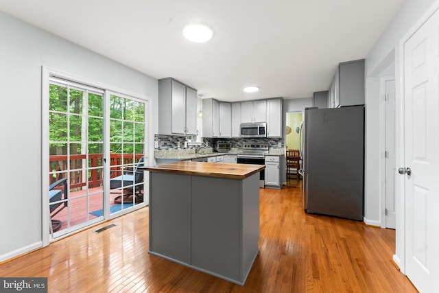 9380 Caucus Dr, King George, VA 22485 - kitchen with stainless steel appliances, gray cabinetry, wood counters, and light wood-style floors
