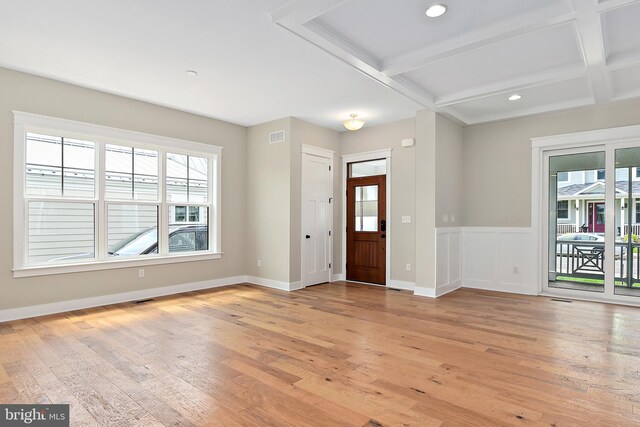 114 Jersey St, Dewey Beach, DE 19971 - entrance foyer with healthy amount of natural light, light wood-style flooring, beam ceiling, recessed lighting, and coffered ceiling