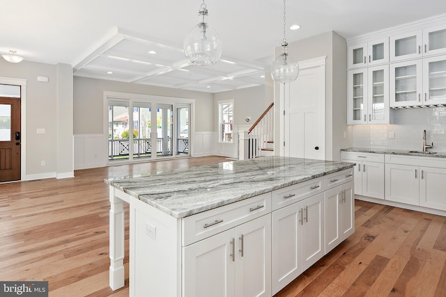 114 Jersey St, Dewey Beach, DE 19971 - kitchen with coffered ceiling, a sink, light wood-type flooring, recessed lighting, and pendant lighting