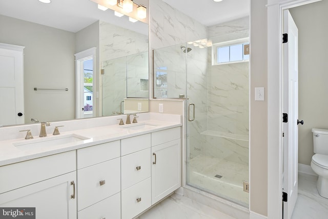 114 Jersey St, Dewey Beach, DE 19971 - bathroom with marble finish flooring, toilet, double vanity, a marble finish shower, and recessed lighting