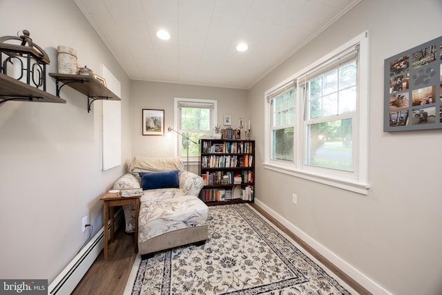951 Little Conestoga Rd, Glenmoore, PA 19343 - sitting room featuring wood finished floors, ornamental molding, recessed lighting, baseboards, and baseboard heating