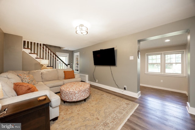 951 Little Conestoga Rd, Glenmoore, PA 19343 - living room with wood finished floors, stairs, healthy amount of natural light, baseboards, and recessed lighting