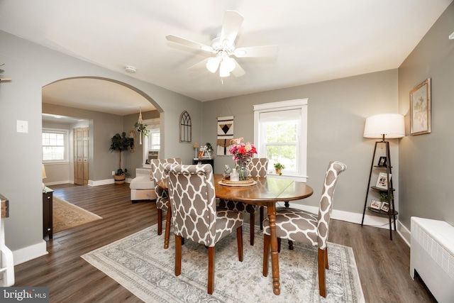 951 Little Conestoga Rd, Glenmoore, PA 19343 - dining space featuring arched walkways, radiator, a ceiling fan, and dark wood-type flooring