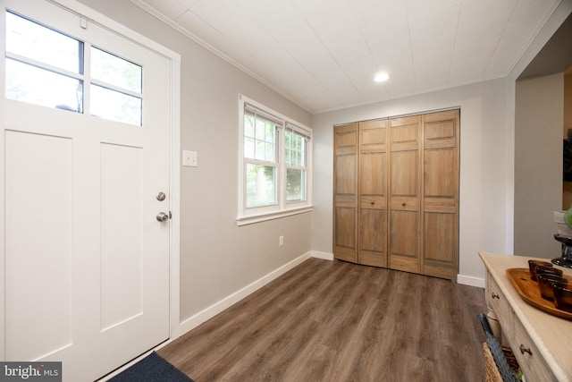 951 Little Conestoga Rd, Glenmoore, PA 19343 - foyer entrance with ornamental molding, dark wood finished floors, recessed lighting, and baseboards