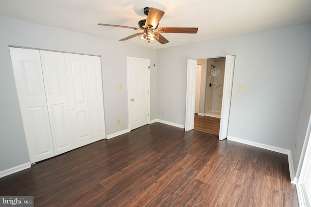 11699 Norris Twilley Rd, Sharptown, MD 21861 - unfurnished bedroom with dark wood-style flooring, a closet, baseboards, and ceiling fan