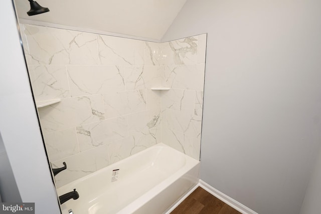 11699 Norris Twilley Rd, Sharptown, MD 21861 - bathroom with wood finished floors, baseboards,  shower combination, and lofted ceiling