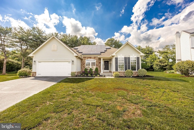 9177 Drawbridge Dr, Delmar, MD 21875 - ranch-style house featuring roof mounted solar panels, driveway, an attached garage, and a front yard