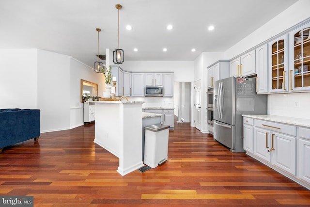 9177 Drawbridge Dr, Delmar, MD 21875 - kitchen featuring stainless steel appliances, glass insert cabinets, dark wood-type flooring, recessed lighting, and hanging light fixtures