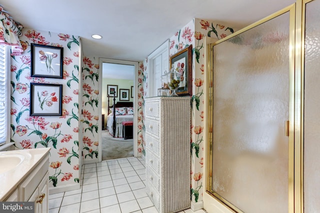 10 Devonshire Sq, Mechanicsburg, PA 17050 - bathroom featuring ensuite bath, tile patterned flooring, a stall shower, vanity, and recessed lighting