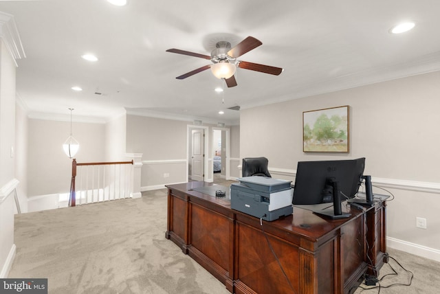 355 Tufton Cir, Fallston, MD 21047 - office area featuring a ceiling fan, recessed lighting, ornamental molding, light colored carpet, and baseboards