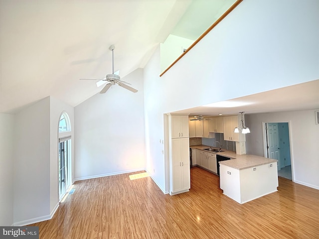 957 Terrapin St Unit 2, Bethany Beach, DE 19930 - kitchen featuring a sink, a ceiling fan, high vaulted ceiling, light wood-style floors, and light countertops