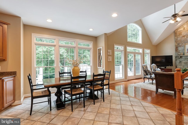 1296 Newkirk Ct, Vienna, VA 22182 - dining space with ceiling fan, vaulted ceiling, and recessed lighting