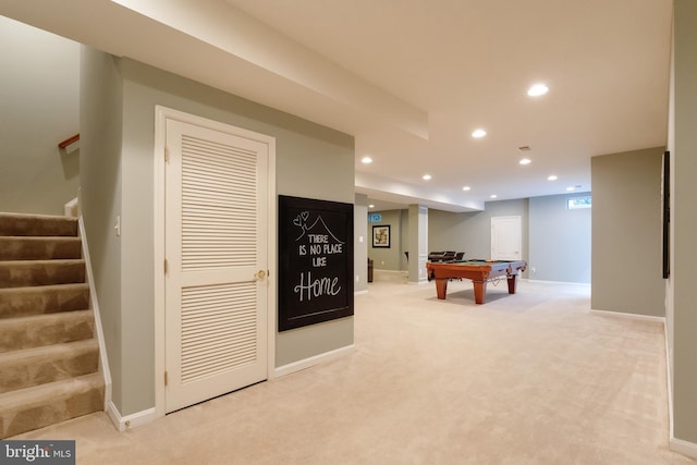 1296 Newkirk Ct, Vienna, VA 22182 - recreation room featuring light colored carpet, billiards, and recessed lighting