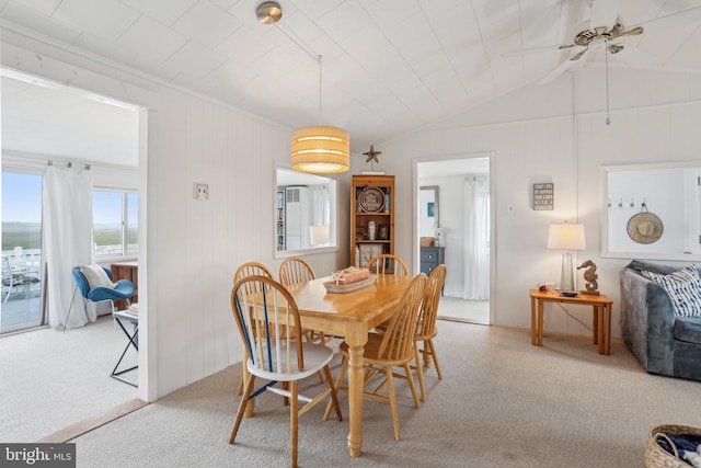 398 Kingfisher Rd, Tuckerton, NJ 08087 - dining space featuring light carpet, ceiling fan, and lofted ceiling