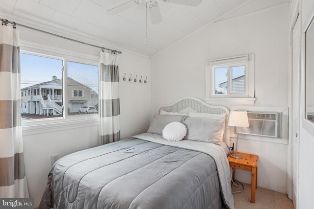 398 Kingfisher Rd, Tuckerton, NJ 08087 - carpeted bedroom featuring vaulted ceiling, a wall mounted AC, and a ceiling fan