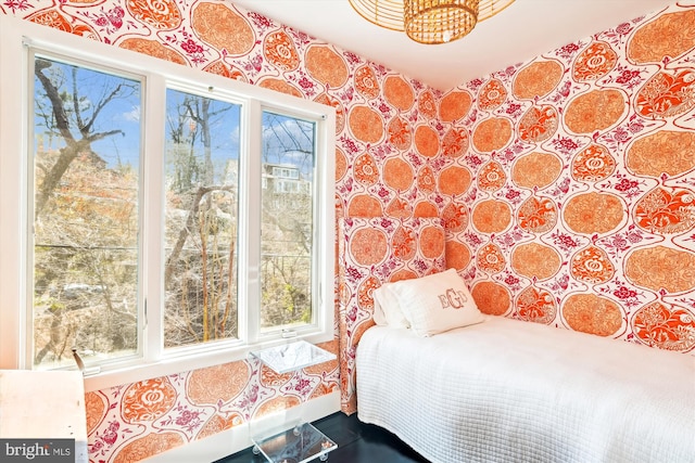 201 Nottingham Hl, Annapolis, MD 21405 - bedroom featuring multiple windows, a chandelier, and wallpapered walls
