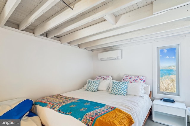 201 Nottingham Hl, Annapolis, MD 21405 - bedroom featuring a wall mounted AC and wooden ceiling with exposed beams