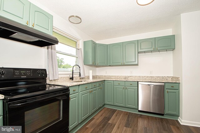 126 Clymer Ave, Front Royal, VA 22630 - kitchen featuring electric range, dishwasher, a sink, under cabinet range hood, and green cabinetry