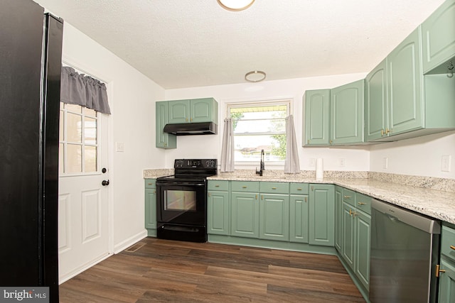 126 Clymer Ave, Front Royal, VA 22630 - kitchen featuring black / electric stove, dishwasher, under cabinet range hood, dark wood-style flooring, and green cabinets