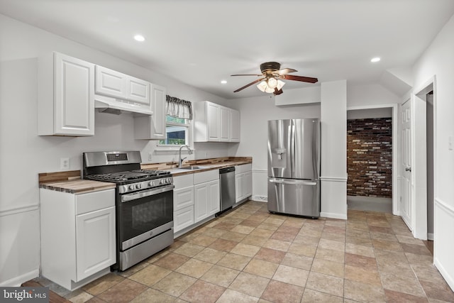 12 Constitution Rd, Clementon, NJ 08021 - kitchen with stainless steel appliances, under cabinet range hood, a ceiling fan, white cabinetry, and recessed lighting