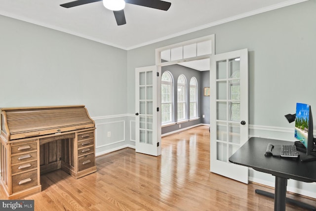 310 Owings Hill Ct, Owings, MD 20736 - office area featuring french doors, wood finished floors, a ceiling fan, and crown molding