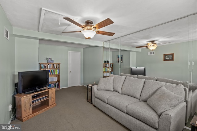 24 Holyoke Dr, Delran, NJ 08075 - living room with attic access, a ceiling fan, carpet flooring, and baseboards