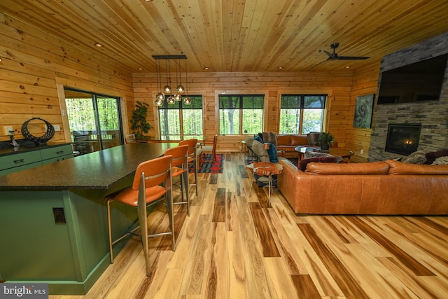 1067 N Camp Rd, Mc Henry, MD 21541 - living area featuring wood ceiling, wood walls, light wood-style floors, a stone fireplace, and ceiling fan
