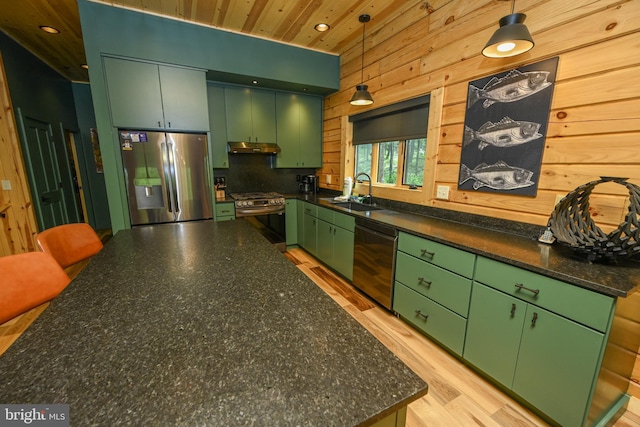 1067 N Camp Rd, Mc Henry, MD 21541 - kitchen featuring appliances with stainless steel finishes, a sink, wood ceiling, under cabinet range hood, and recessed lighting