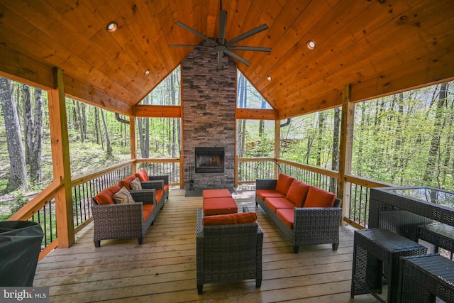 1067 N Camp Rd, Mc Henry, MD 21541 - wooden deck featuring an outdoor living space with a fireplace, a ceiling fan, and a forest view