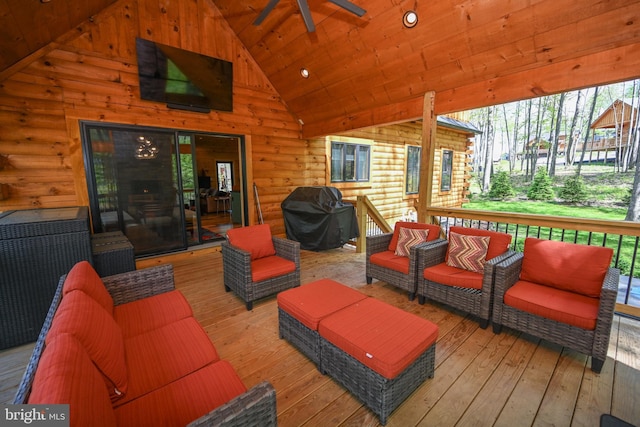 1067 N Camp Rd, Mc Henry, MD 21541 - wooden deck featuring a grill, an outdoor hangout area, and a ceiling fan