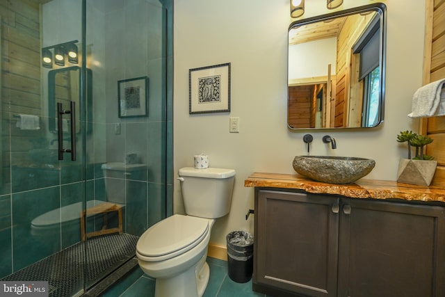 1067 N Camp Rd, Mc Henry, MD 21541 - bathroom featuring toilet, vanity, a stall shower, tile patterned floors, and baseboards