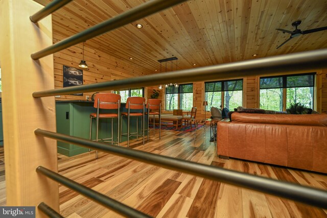 1067 N Camp Rd, Mc Henry, MD 21541 - living room with wood ceiling, wood finished floors, recessed lighting, and ceiling fan