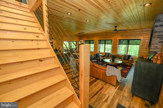 1067 N Camp Rd, Mc Henry, MD 21541 - living room with wooden ceiling, wood finished floors, a ceiling fan, and recessed lighting