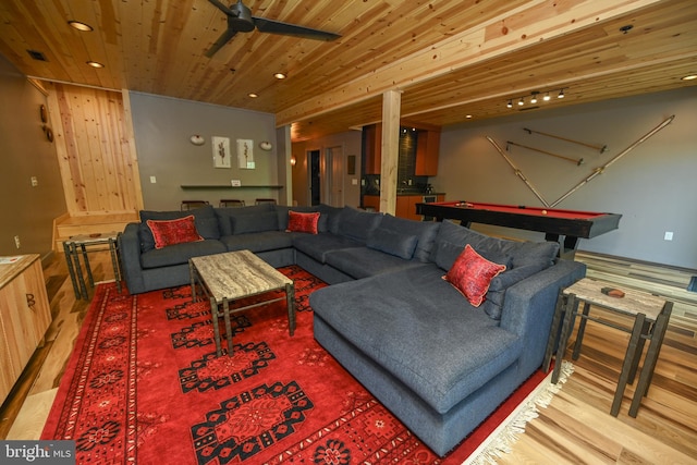 1067 N Camp Rd, Mc Henry, MD 21541 - living room featuring wood ceiling, pool table, ceiling fan, recessed lighting, and wood finished floors