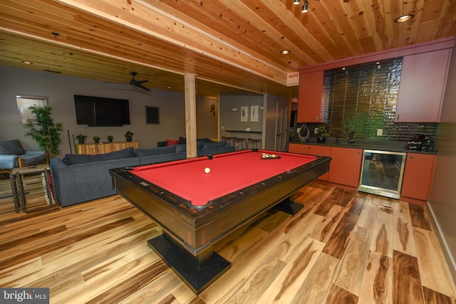 1067 N Camp Rd, Mc Henry, MD 21541 - game room featuring beverage cooler, wooden ceiling, billiards table, light wood-style floors, and bar
