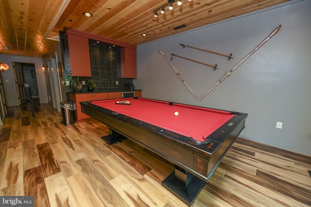 1067 N Camp Rd, Mc Henry, MD 21541 - playroom featuring wooden ceiling, billiards, light wood-style flooring, a sink, and rail lighting