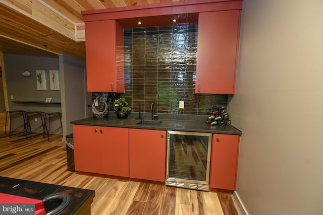 1067 N Camp Rd, Mc Henry, MD 21541 - indoor wet bar featuring beverage cooler, light wood finished floors, decorative backsplash, and wood ceiling