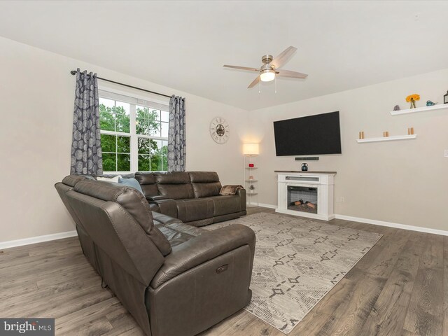5809 Zoe Ln, Frederick, MD 21704 - living room featuring ceiling fan, wood finished floors, baseboards, and a fireplace